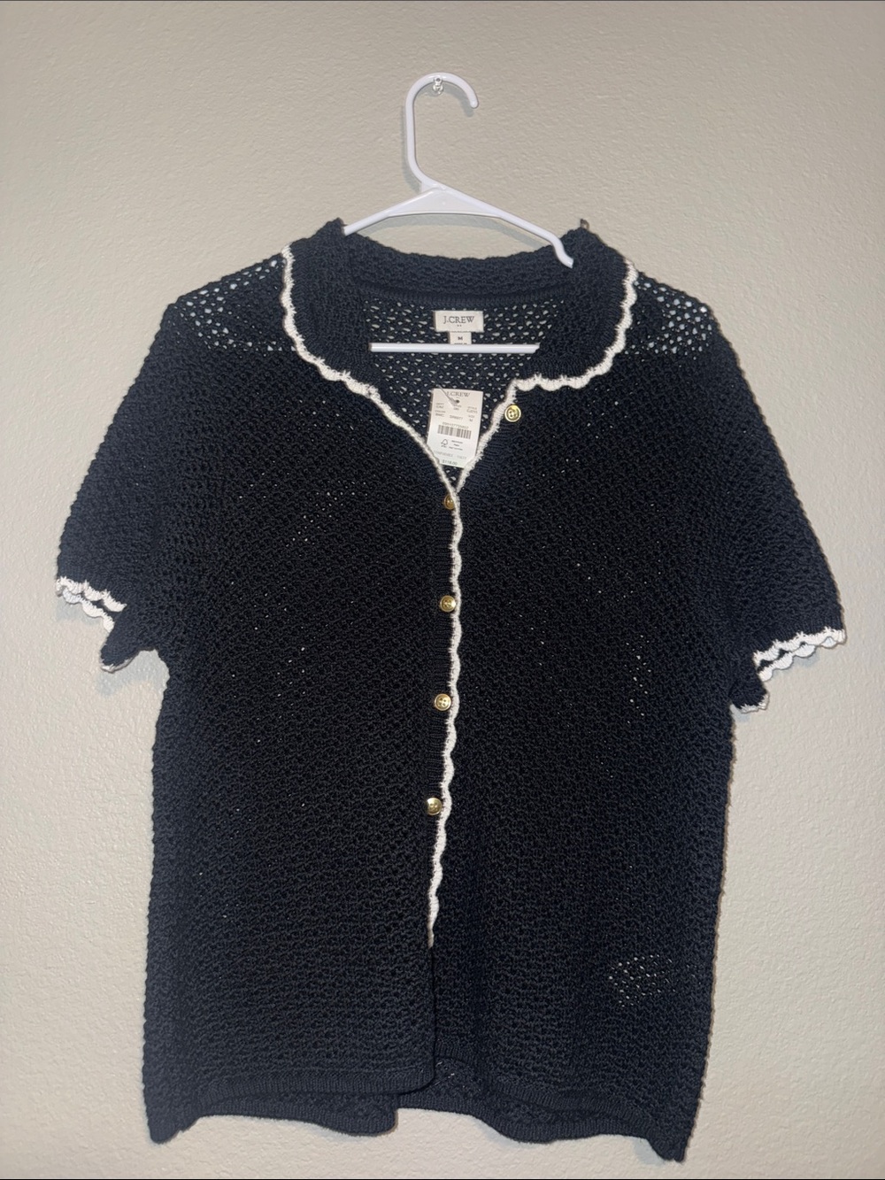 J. Crew Black Knit Short-Sleeve Cardigan with White Trim